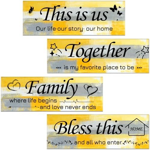 Lnond 4 Pieces Yellow Abstract Living Room Wall Decor, Motivational Home Family Rustic Wall Art Decor for Bedroom Living Room, Rustic Wooden Farmhouse Home Decor, 12 x 4 Inch by Lnond