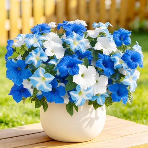 Uieke Artificial Flowers for Outdoors, 24PCS Faux Petunias Outdoor Uv Resistant Silk Flower, Spring Decorations for Home Garden Patio Porch, Blue&White by Uieke
