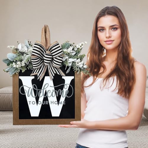 Ultra Large 14'' Last Name All Year Round Front Door Wreath with 26 Initial Letter Welcome Sign All Seasons Eucalyptus Garland and Bow Wreaths for Front Door Porch Farmhouse Decoration(W) by Unknown