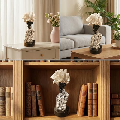 Lescafita African Woman Sculpture with White Rose Headdress, Black and White Resin Statues, Modern Abstract African Art Statue for Home Decor Shelf Table Office Display - Image 7