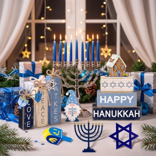 11 Pcs Hanukkah Wooden Tiered Tray Decor Chanukah Tabletop Signs - Image 3