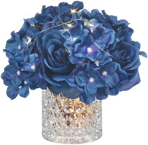 Rose Silk Flower Arrangement Artificial Vivid Rose in Glass Vase with LED Light Elegant Centerpiece for Home Wedding Bathroom Table Shelf Decoration (Navy Blue) by GreenHouzz