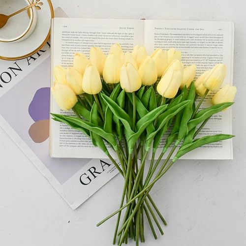 ONLY ART Artificial Light Yellow Tulips 20 Pcs – 13.5 Inch PU Faux Flowers with Bendable Stems for Home Décor, Wedding Centerpieces, DIY Floral Arrangements, New Year and Valentine's Day - Image 5