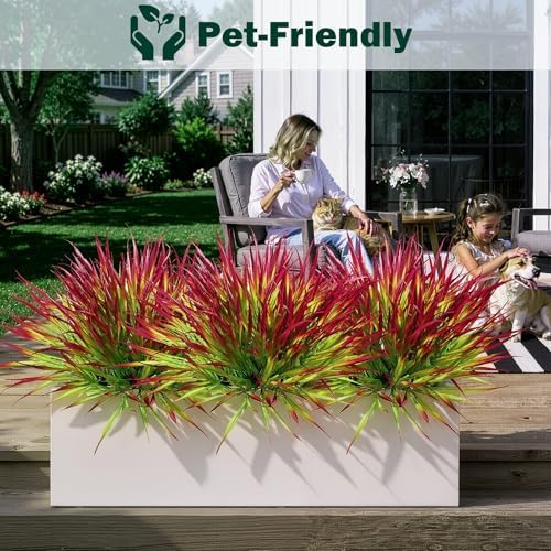 Uieke 28 Bundles Artificial Outdoor Plants UV Resistant Fake Grass Plants Faux Plastic Plants Greenery Shrubs for Home Garden Pathway Window Box Front Porch Summer Fall Decor, Deep Red - Image 5