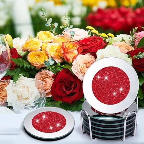 Jetec Mirrored Glass Coaster Set of 6 with 1 Holder 4" Crushed Diamond Round Cup Mat Glitter Crystal Rhinestone Glass Coaster Bling Table Decor for Bar Kitchen Gift for Christmas(Red,4 Inch) - Image 5