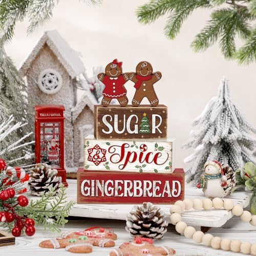 Marsui 4 Pcs Christmas Gingerbread Table Decorations Wooden Sign Blocks - Image 6