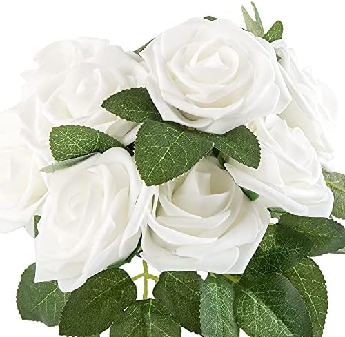 Artificial Flower Foam Rose 25pcs Real Looking Fake Rose with Stems Leaves for Home Decoration Party Garden Centerpieces DIY Wedding Bouquets（White） - Image 4