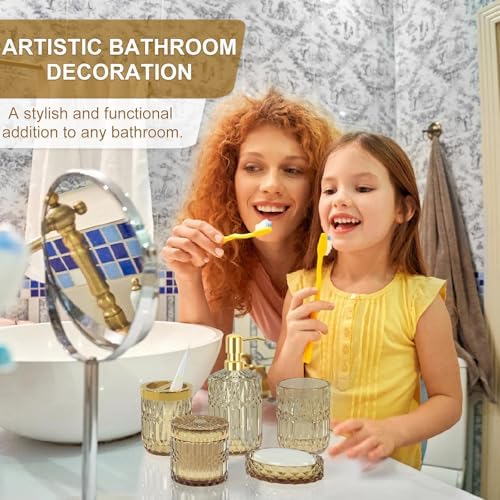 Brown Bathroom Accessory Set 5PCS - Amber Glass Bathroom Accessories with Toothbrush Holder Set, Soap Dispenser, Soap Dish, Tumbler, Cotton Swab Jars, Vintage Bathroom Decor Set Housewarming Gift - Image 2