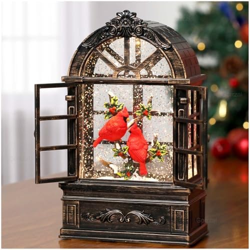 Cardinal Snow Globe Lantern Christmas Snow Globes Arched Window Shape Christmas Decorations Indoor for Home Timer Christmas Music Box, USB and Battery Powered - Image 2