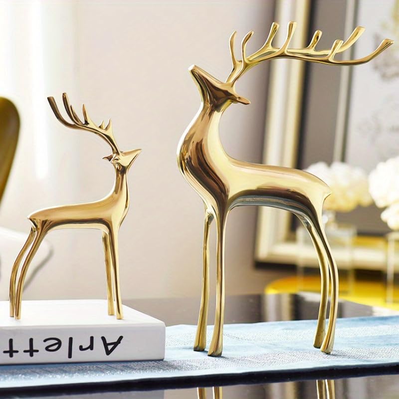Reindeer Figurine Statues Deluxe Set of 2, Christmas Deer Pure Copper Heavy Reindeer Ornaments for Home Decor Accents Living Room Office Bookself Tabletop Mantle Christmas Decoration, Gold - Image 2