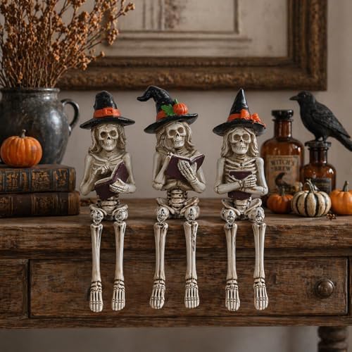 Dlfghos 3 Pieces Halloween Skeleton Statue Halloween Skull Figurine Home Decor Reading Skeleton Figurines Decorations for Indoor Fireplace Home Kitchen Desk Office Party - Image 5