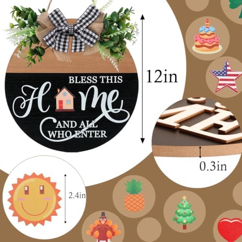 Interchangeable Welcome Sign for Front Door with 4 Seasonal Wreath and 14 Changeable Icons, Bless This Home for Spring Summer Fall Winter All Seasons Holiday, Rustic Round Wood Wreath Door Decoration - Image 5
