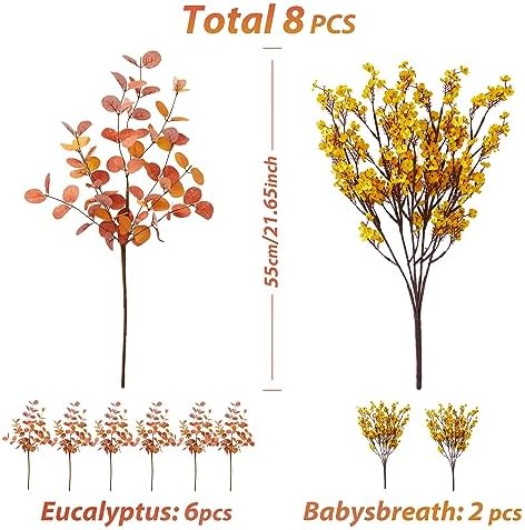 Anna's Whimsy 8 Pcs Artificial Plants Indoor,Thanksgiving Artificial Eucalyptus Stems and Fake Babys Breath Flower Fall Decorations Fall Leaves for Fall Home Decor - Image 2