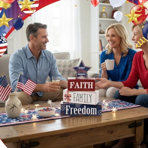 Moucuny 4 Pcs Patriotic Wooden Block Sign July 4th Table Star Decor - Image 6