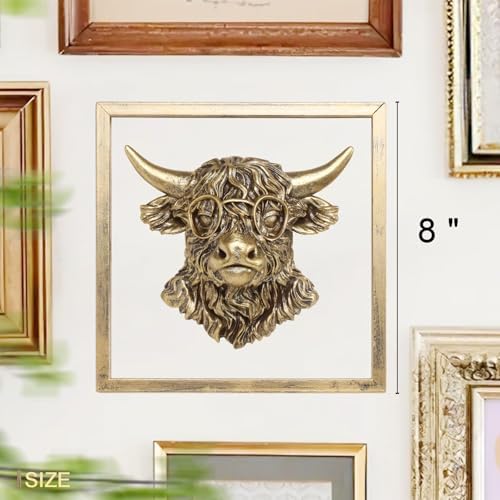 Newinhome Animal Heads Wall Decor (Includes Metal Frame) Resin Animals Sculptures Head Wall Hanging Decoration Gold vintage Wall Sculpture for Living Room Bedroom Office(Highland cattle) - Image 3