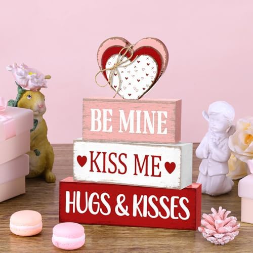 Marsui 4 Pcs Valentine's Day Decorations for Home Heart Table Decor Rustic Distressed Wooden Signs Valentines Centerpieces Blocks Farmhouse Valentines Tiered Tray Decor for Desk Shelf Mantel Indoor - Image 6