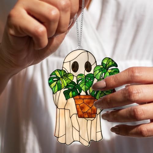 Halloween Stained Glass Ghost Plant Ornament, Suncatcher Decor - Image 3