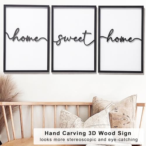 3D Wood Home Sweet Home Wall Art, Modern Home Sweet Home Sign for Large Living Room Wall Decor(Ready to Hang, Set of 3, 16x24 Inch, Framed) - Image 3