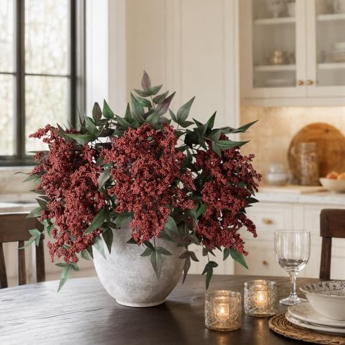 Artificial Flowers 35 Inch Artificial Nandina Berry Stem 3 Pcs Faux Flowers for Vase Realistic Sedum Spray for DIY Bouquet, Shower, Farmhouse, Mantel, Home Decor(Burgundy) - Image 7