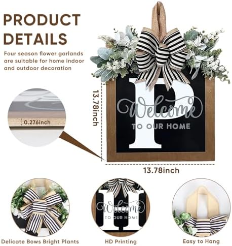 Ultra Large 14'' Last Name All Year Round Front Door Wreath with 26 Initial Letter Welcome Sign All Seasons Eucalyptus Garland and Bow Wreaths for Front Door Porch Farmhouse Decoration (P) - Image 4