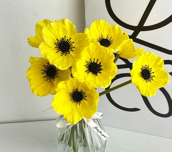 Rikyo 10 Stem 11inch Bouquets Artificial Flowers Poppy Flowers,Faux Anemone PU Fake Wild Flowers for Kitchen Table Centerpiece Vase,Home Wedding Holding Flowers Backdrop Arch Wall (Yellow) - Image 4