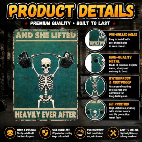 Skeleton Vintage And She Lifted Heavily Ever After Metal Tin Sign 12x16 Inch Gym Metal Poster Funny Skull Gym Tin Sign Home Kitchen Garden Bar Coffee Restaurant Bathroom Are Wall Decor - Image 3