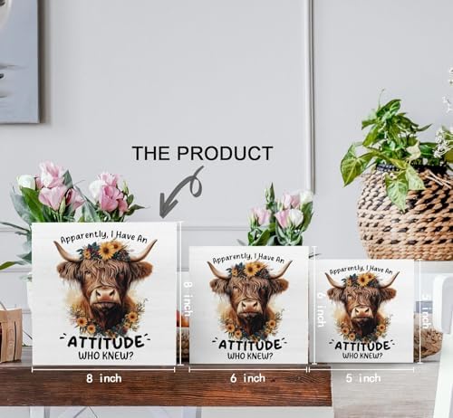 Highland Cow Sign, Farm Cottagecore Animal Office Kitchen Bedroom Decor, Apparently I Have an Attitude Who Knew Wooden Box Signs, Apparently Highland Cow Gifts for Women Men 8x8 in Decorative Signs & Plaques - Image 6