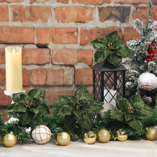 10 Pcs 9.4" Velvet Poinsettia Picks Glitter Artificial Christmas Flower Stems for Xmas Tree Wreath Garland Winter New Year Home Decoration, Green - Image 4