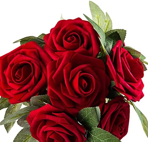 Artificial Flower Foam Rose 25pcs Real Looking Fake Rose with Stems Leaves for Home Decoration Party Garden Centerpieces DIY Wedding Bouquets（Dark Red） - Image 4