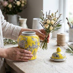 8" Ceramic Ginger Jar w/Lid - Classic Chinese Style Porcelain Jar Tea Storage for Home Decor Decorative Centerpiece Vintage Accent Antique Vase Jingdezhen (Yellow) - Image 3