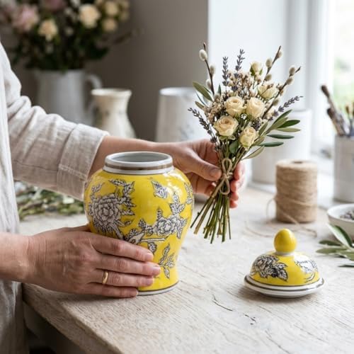 8" Ceramic Ginger Jar w/Lid - Classic Chinese Style Porcelain Jar Tea Storage for Home Decor Decorative Centerpiece Vintage Accent Antique Vase Jingdezhen (Yellow) - Image 3