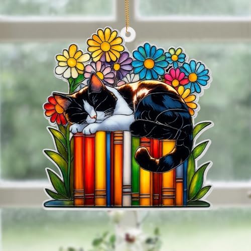 Cat Book Ornament – Stained Glass Style Acrylic Christmas Ornament, Book Lover Gifts for Women, Teacher & Librarian Holiday Decorations, Bookworm Fantasy Ornament for Reading Nook or Tree(Sun-16) - Image 4