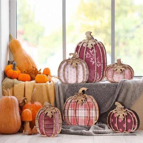 Leinuosen 6 Pcs Fall Pumpkin Decor for Home, Pink Pumpkin Tiered Tray Decor - Image 3
