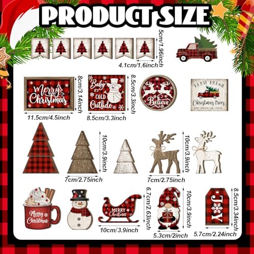 Shellwei 21 Pcs Christmas Tiered Tray Decor Set Plaid Christmas Table Sign - Image 3