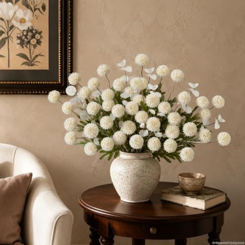 24Pcs White Faux Silk Mums Artificial Flowers Bulk with Eucalyptus Stems - Image 3