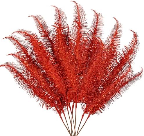 Oairse 8 Pcs Christmas Tree Picks and Sprays Red Glitter Christmas Picks 28" Christmas Glitter Feathers Leaves Stems for Christmas Tree Filler Branches Wreaths Centerpieces Holiday Decorations by Oairse