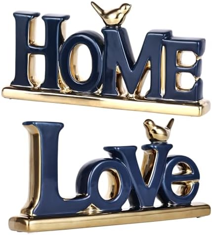 Love Sign Decor,Blue and Gold Room Decor Aesthetic, Knick Knack Shelf,Gold Bird Decor, Boho Bookshelf,Abstract Gold Statue,for Living Room,Bedroom, Contemporary Tv Stand Set of 2 (2, Blue) by PlivBloom