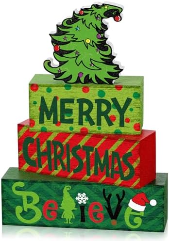 Marsui 4 Pcs Merry Christmas Table Decor Wooden Lime Green Red Block Sign by Marsui