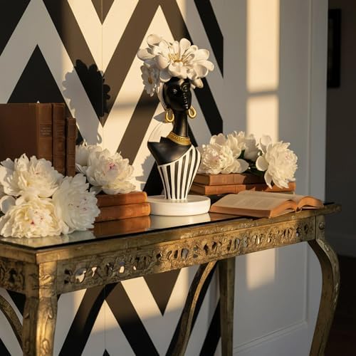 Lescafita African Woman Art Sculpture with White Flower Crown, Black and White Art Statue,Elegant African-Inspired Art Gift Suitable for Various Settings Such as Home, Bookshelves, desks, or Offices - Image 2