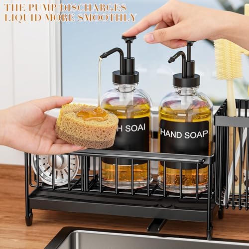 Kitchen Soap Dispenser Set with Sponge Holder and Towel Rack, 17OZ Glass Bottle, Hand and Dish Soap Dispenser Set, Non-Slip Silicone Pad, Brush Holder, Sink Organizer Countertop (Transparent) - Image 4