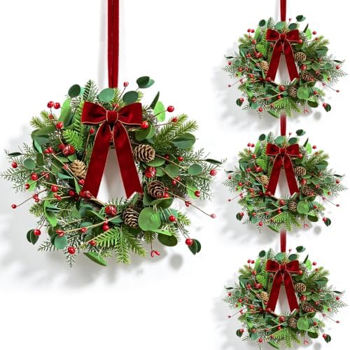 6 Pcs Small 4th of July Hanging Wreaths for Cabinets Patriotic Mini Candle Ring Wreath with Red White Blue Flowers (4, Greenery with Red Bells Pinecones) by Unknown