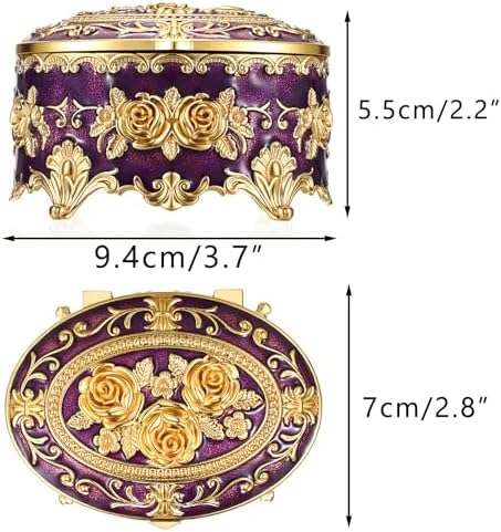 Hipiwe Vintage Oval Jewelry Storage Box Metal Trinket Organizer Purple - Image 3