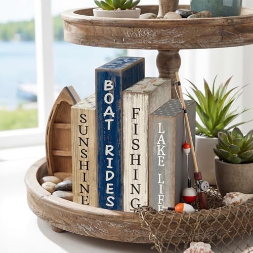 Lineshading 4 Pcs Summer Lake House Decor Stacked Wooden Book Block Signs - Image 2