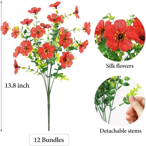 ATTGREAT Artificial Flowers for Outdoor UV Resistant Decor, 12 Bundles(Red) - Image 2