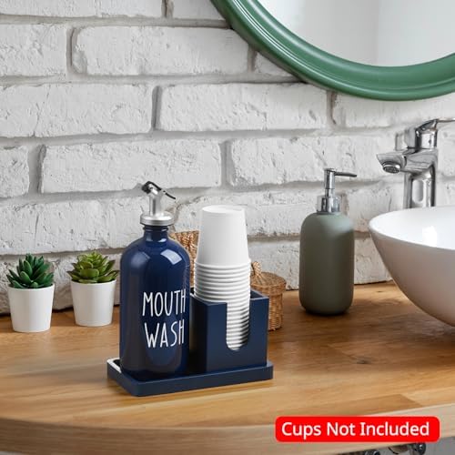 Glass Mouthwash Dispenser for Bathroom, 16 OZ Mouthwash Dispenser with Pour Spout and Wood Cup Holder and Tray, Mouth Wash Bottle Container, Farmhouse Kitchen Bathroom Decor and Accessories, Navy Blue - Image 2