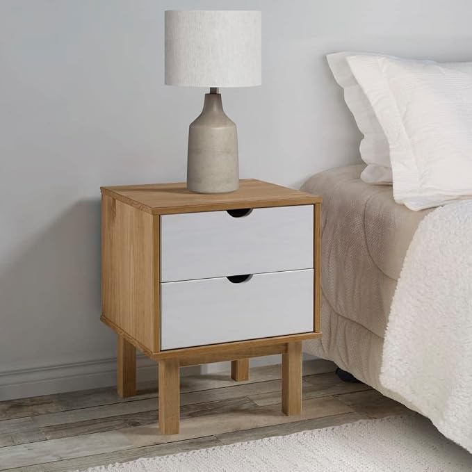 Scandinavian Style Bedside Cabinet Brown and White Solid Pine Wood, Engineered by Unknown