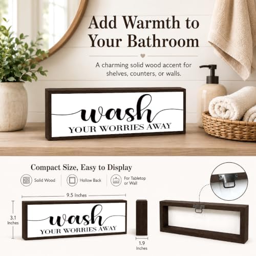 Bathroom Wooden Sign Decor, Wash Your Worries Away Quote Wood Block, Relaxing Bath Room Accent for Shelf Counter or Wall Display, Farmhouse Decor Sign, Giftable Bathroom Decoration, 9.5 x 3.1 Inches - Image 4