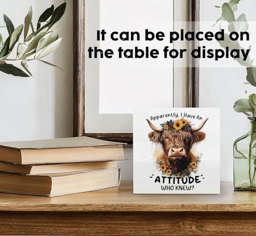 Highland Cow Sign, Farm Cottagecore Animal Office Kitchen Bedroom Decor, Apparently I Have an Attitude Who Knew Wooden Box Signs, Apparently Highland Cow Gifts for Women Men 5x5 in - Image 3