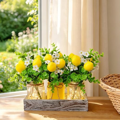 Summer Lemon Mason Jar Centerpiece Set of 3 with Wood Tray - Image 3