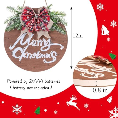 HOMCDALY Merry Christmas Sign for Front Door, Wooden Hanging Sign Door Decoration with 12 LED Light, Winter Welcome Wreath indoor outdoor Décor, Christmas Decoration. - Image 3